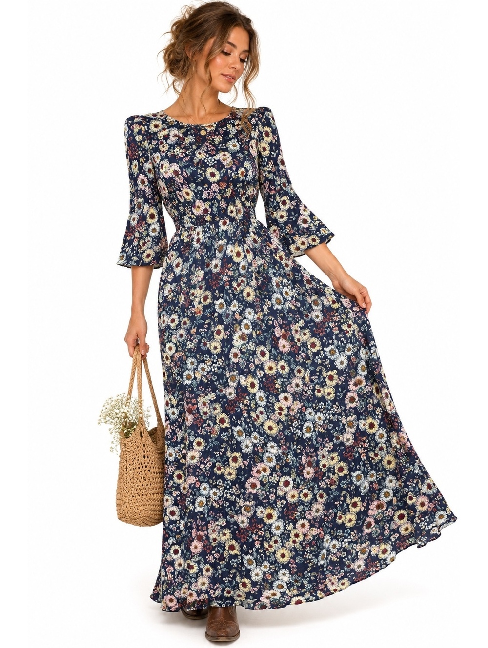 a.n.a. Navy Floral Crinkle Maxi Dress M Bell Sleeve Cottagecore Prairie